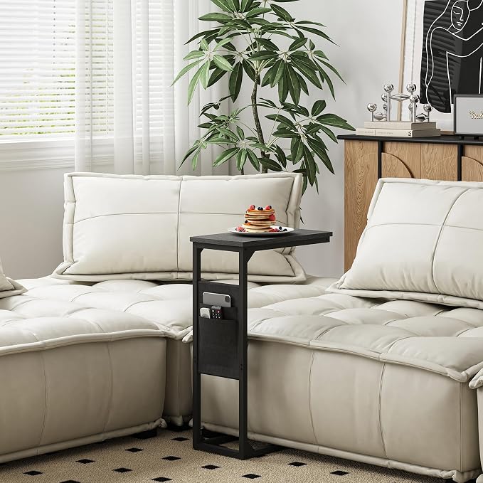 TUTOTAK C Shaped End Table, Side Table for Couch, Sofa Table | with Storage Bag, TV Tray for Living Room, Bedroom, Black TB01BK082