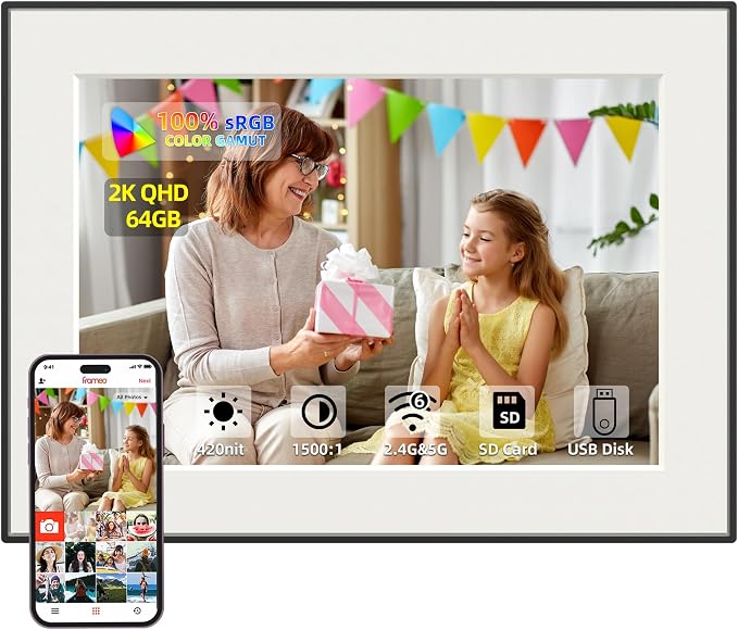 11 Inch WiFi Digital Picture Frame with Touch Screen | 64GB smart picture frame with 1920x1280 100% sRGB IPS display. Supports Frameo App for 5G/Instant photo & video sharing.