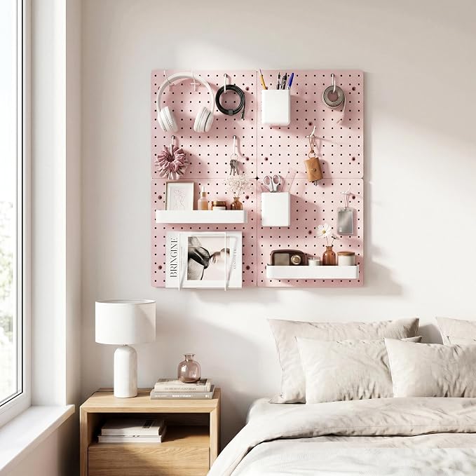 FZK Pink Modular Plastic Pegboard Wall Organizer Kit, 12x12, 4 Panels | ABS material, wall mount storage kit, includes hooks and shelves, drill free or screw installation, for home decor& bedroom