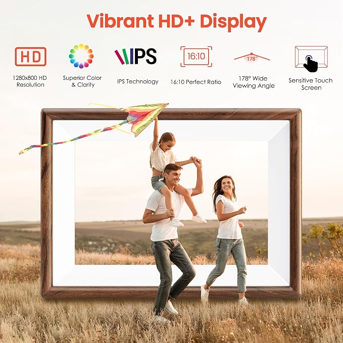 Frameo 10.1" Smart Digital Picture Frame with Walnut Moulding, 16:9 1280p HD IPS Touchscreen Display, 32GB Storage, MicroSD Slot, Plug-in Power, Easy Wireless Photo & Video Sharing, Idea