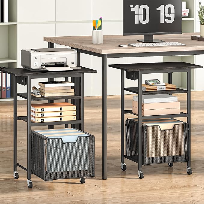 HOOBRO Printer Stand with Hanging File Drawer, Rolling Printer Cart on Wheels, Mobile Filing Cabinet Storage Shelf, Home Office Desk Side Organizer, Black BB17UPS01
