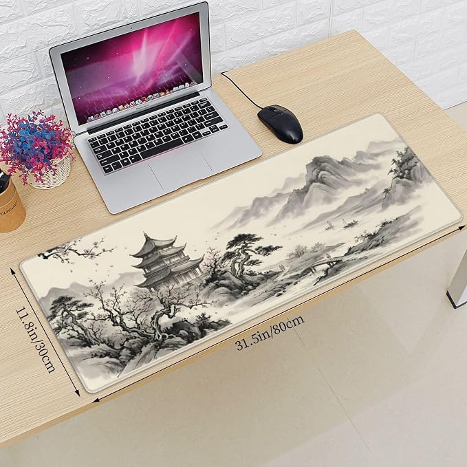 Japanese Cherry Blossoms Gaming Mouse Pad Large Extended Desk Mat Non-Slip Rubber Base Keyboard Pad with Stitched Edges for Office Gaming 31.5x11.8 in