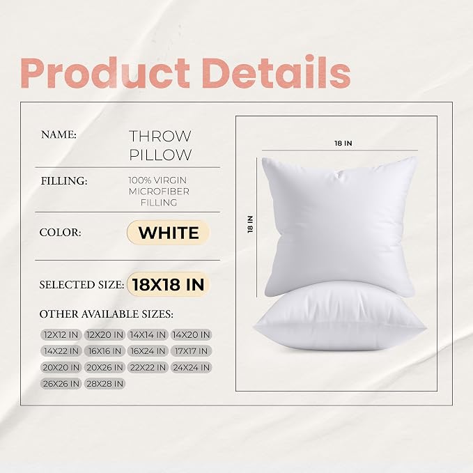 Utopia Bedding 18x18 Pillow Inserts, White Throw Pillows for Couch, 2 Pack | Indoor cushion inserts for bed, sofa & couch, Supportive & fluffy decorative pillows for everyday comfort, Set of 2, White