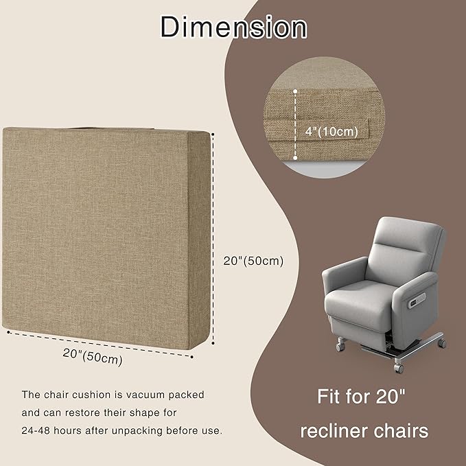 OVOV Recliner Cushions for Elderly 20"x20"x4" Thick Seat Cushion for Recliner Chair Large Square Non Slip Chair Pads with Washable Cover for Armchair Couch Beige