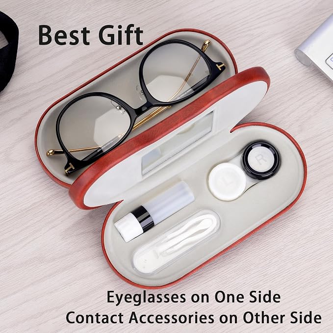 Muf 2 in 1 Contact Lens Case and Glasses Case, Double Sided Design with Mirror, Portable Travel Kit with Tweezer, Remover and Solution Bottle, Brown