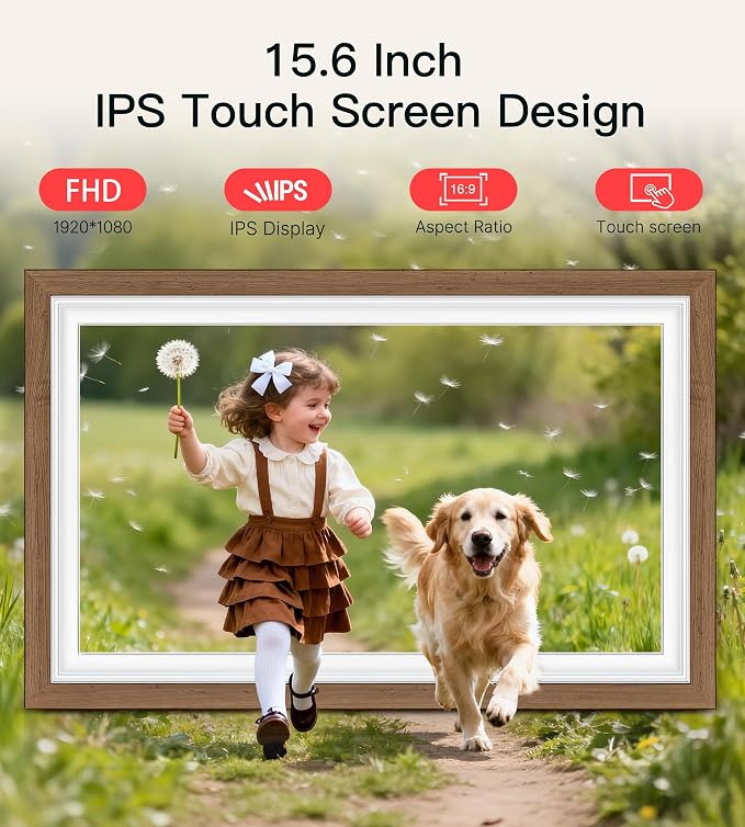 64GB Frameo 15.6" Digital Picture Frame Large 1920 x 1080 IPS FHD Touch Screen WiFi Electronic Photo Frames Share Moments Instantly Anywhere Best Gifts for Parents and Grandparents Solid Walnut