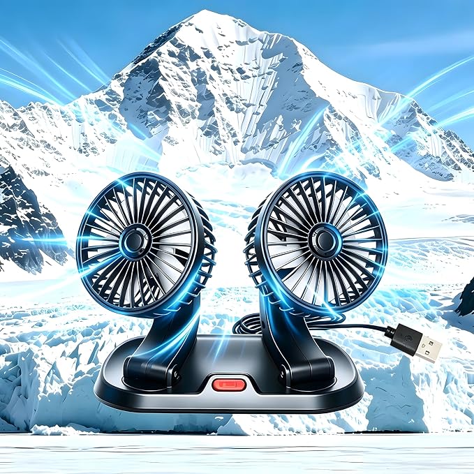 Dual Head 5V Car Fan for SUV Truck RV with No AC,Adjustable Car Cool Fan, Dual Head Design, 2-speed Adjustable, 360° Rotating Portable Car Fan,Powered by USB