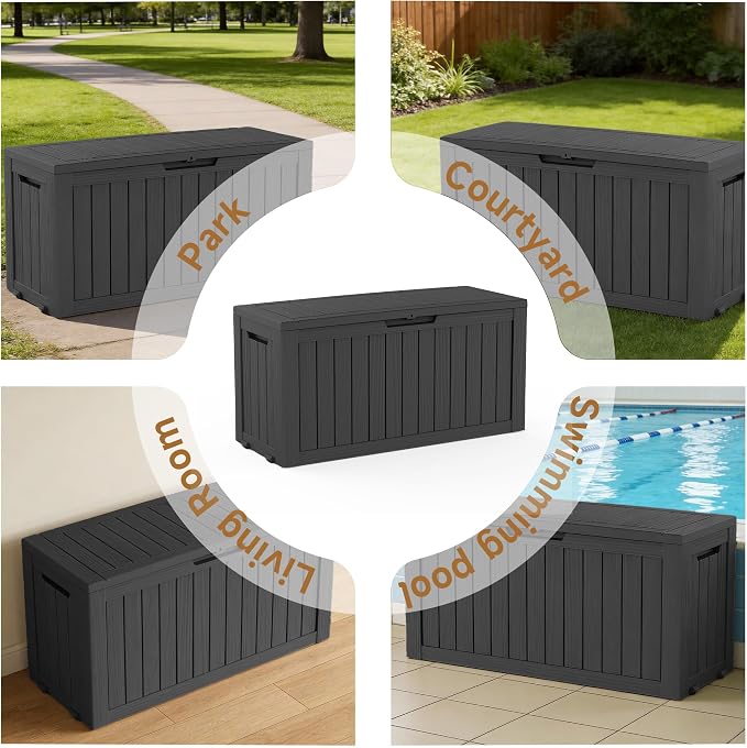 Vixzen 121 Gallon Waterproof Large Deck Box, Lockable Resin Outdoor Storage Box with Hydraulic Lid, Durable Storage Bin for Patio Furniture Cushions, Garden Tools, Pool Accessories, Black