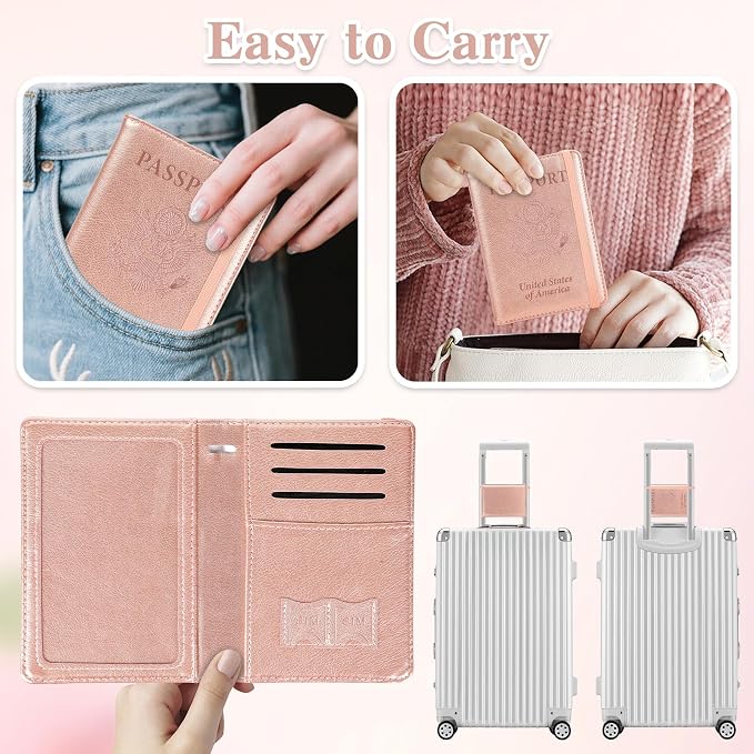 Passport Holder for Travel, RFID Blocking Passport Cover with Pen Holder Leather Passport Wallet Case Travel Must Haves Accessories Passport Book Card Holder for Family Travel Essentials, Rose Gold