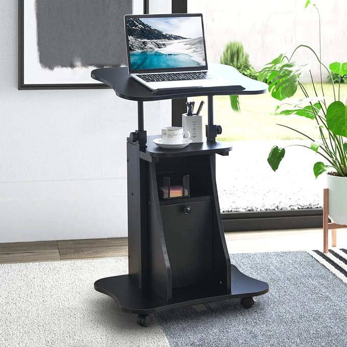 Tangkula Mobile Laptop Podium, Height Adjustable Sit to Stand Desk with Tilting Desktop & Storage Cabinet, Ergonomic Rolling Lectern Cart Laptop Desk, Office Podium Stand on Wheels