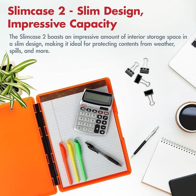 Dexas Slimcase 2 Plastic Clipboard with Storage and Side Opening, Neon Orange, Office Supplies Clipboards to Organize, Carry and Store, A4 Holder (Pack of 6)