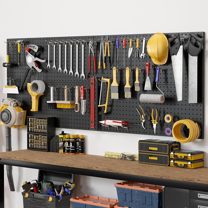 Heavy Duty Peg Board, 8 Pack Metal Pegboard Panels with 50 Hooks | Black Pegboard Organizer - Wall Mount Storage System for Garage and Garden Tools, Workbench, Office & Home Organization
