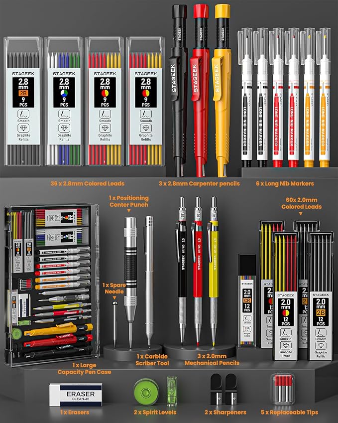 STAGEEK 36 Pack Carpenter Pencils Set With 102 Refills | Construction Pencil, Deep Hole Long-Nib Marker Pens, Automatic Center Punch and Carbide Scribe Tool for Woodworking with Case