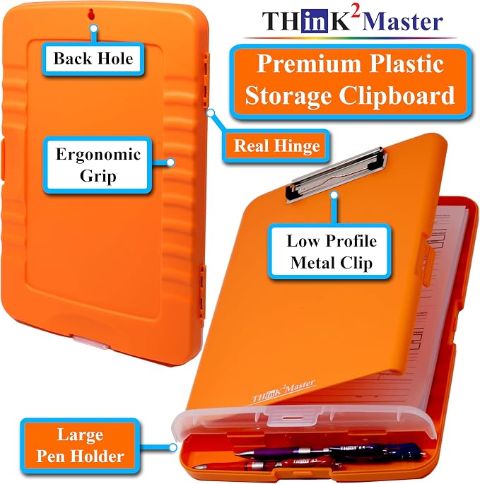 Think2Master Orange Plastic Storage Clipboard with Pencil Holder. | 25% Heavier & 25% Sturdier| Heavy Duty. Must Have for Nurses, Teachers & Classrooms.