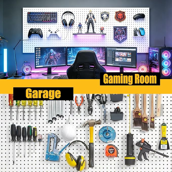 Spampur Peg Board, 4 Pack Metal Pegboard Panels with 50 Hooks | White Pegboards Wall Organizer, Heavy Duty Peg Board for Garage Tool Storage, Desk Office Organization, Craft Room, Kitchen