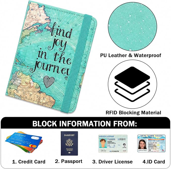 RFID Blocking Passport Holder for Travel – PU Leather Waterproof Lightweight Passport Cover Wallet for Women Men, Travel Organizer with Card Slots for Airline Tickets & Passport Book, Map