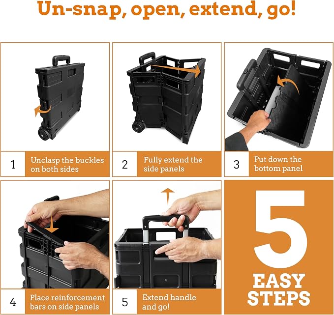 Collapsible Ultra-Slim Pack-N-Roll, 2 Wheel Utility Cart , With Telescopic Handle - Super Strong up to 80 Lbs Load Capacity, Black