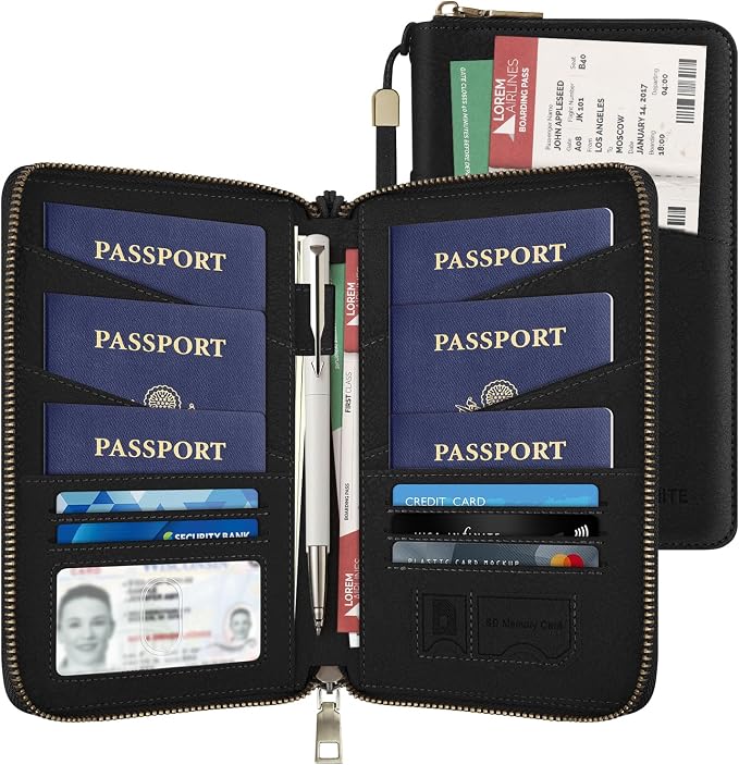 Likesing Family Passport Holder for 4, RFID Multiple Passport Holder-Black | Leather RFID Blocking Travel Passport Wallet with Zipper, Travel Document Organizer with Wrist Strap Card Slots for Women Men