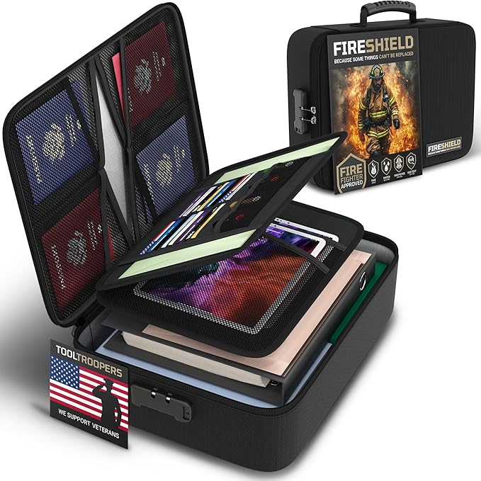 FIRESHIELD PRO 5200°F Fireproof Document Box with Lock – Fire Safe Organizer with Laptop, Tablet & Cards Pockets – Water Resistant, Multi-Pocket Storage for Travel, Home or Office – 15" x 11" x 4.1"