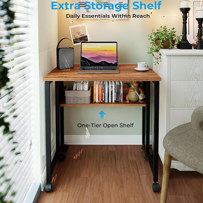 GreenForest Folding Desk with Wheels, 24.8" Rolling Table for Small Spaces | Storage Shelf, Lockable Casters, Compact Portable Workstation, Space-Saving Foldable Sofa Table, Home Office, Mobile, Walnut