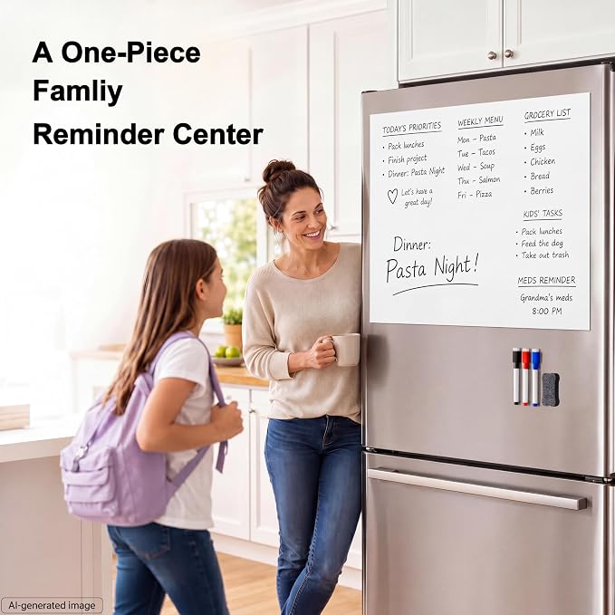 Large Magnetic Whiteboard for Fridge: Zones for Every Family Need | Dry Erase Sheet Needs No Drilling or Glue - 24" x 16" Kitchen Message Center with Magnet Backing and Zones for Family Members