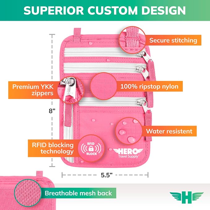HERO Neck Wallet - RFID Blocking Passport Holder, Easy to Conceal Travel Pouch (Hot Pink)