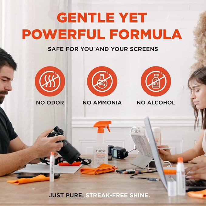 WHOOSH Screen Shine Pro Refillable Cleaning Kit, 16.9 fl oz | Streak Free Finish, Non Toxic and Odorless, For Flat Screens, OLED, LCD and Monitors, Microfiber Cloth Included