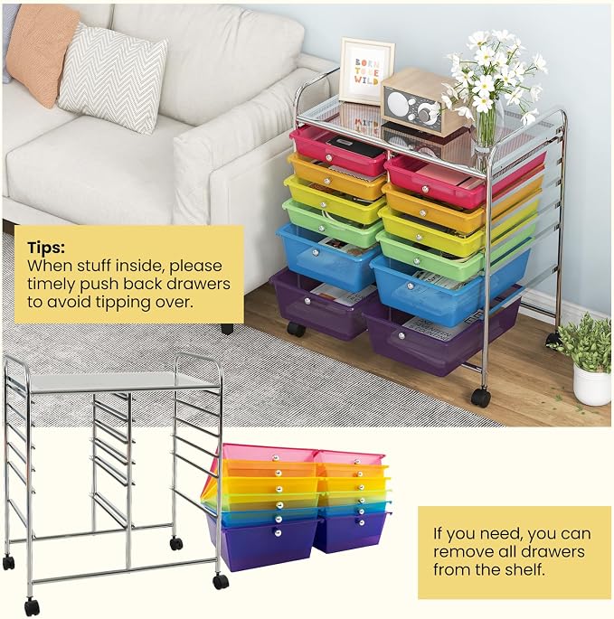12 Drawer Rolling Storage Cart, Craft Cart Organizer on Wheels w/Metal Frame, Large Capacity & Smooth Drawer, Rolling Cart w/Drawers for Classroom, Office