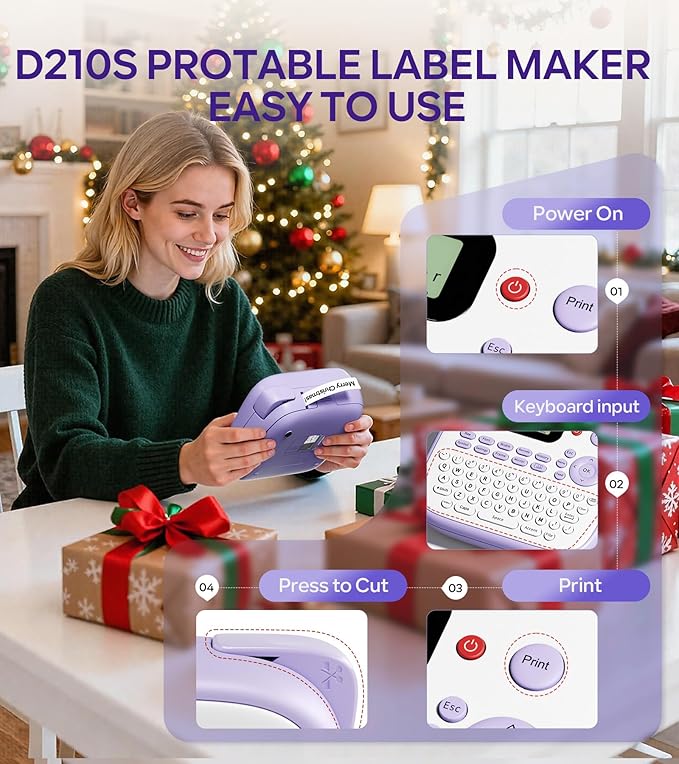Label Maker Machine with Tapes, D210S Label Maker Waterproof-Labels, Portable Labeler Machine with Tapes 4PK Bundle 12mm 0.47 Laminated White, Wireless Labeling Machine for Jars Bottle School Supplies