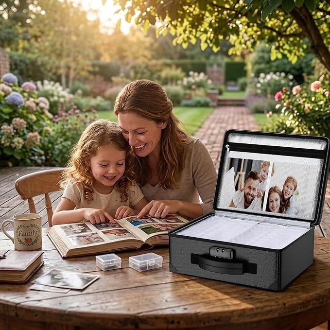 ENGPOW Fireproof 5200°F Photo Storage Box with 16 Inner 4" x 6" Photo Case(Clear), Photo Organizer with Lock, Portable Acid-Free Photo Keeper Safe Storage with Handles for Home, Office, Travel