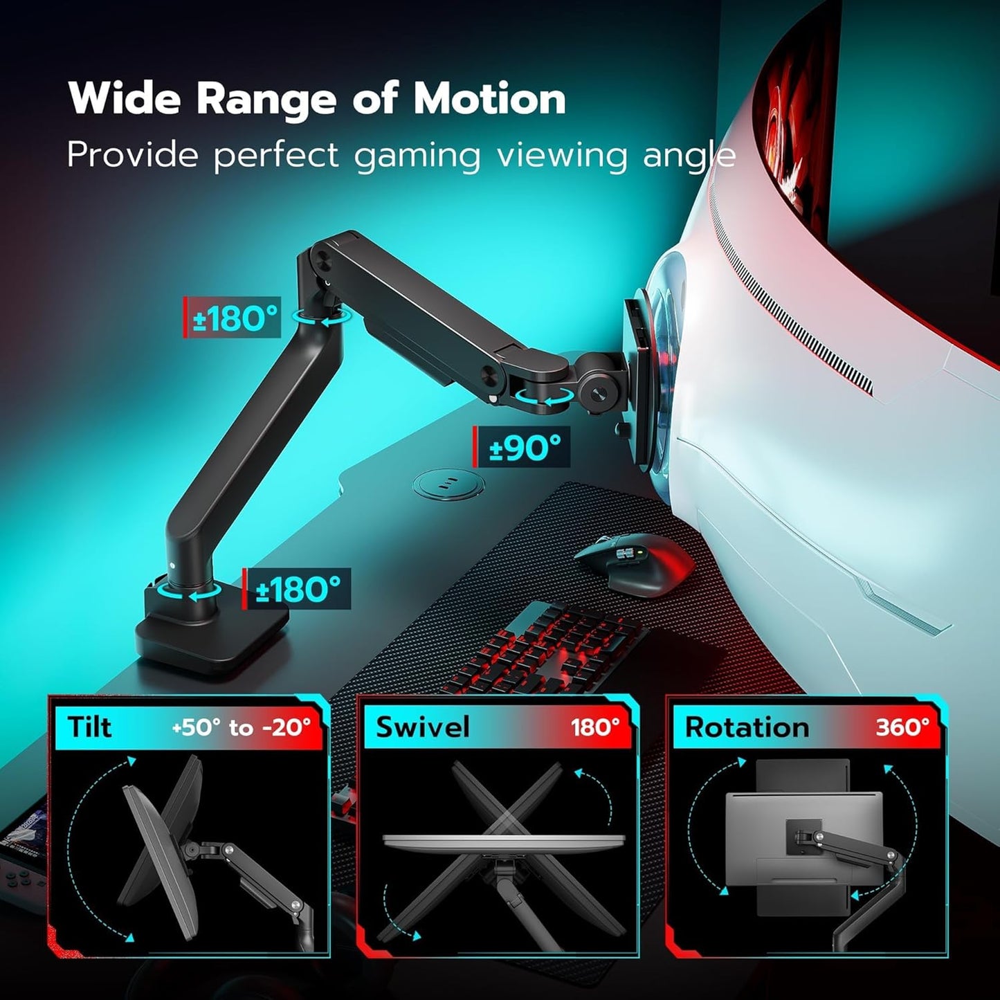 ARES WING Ultrawide Monitor Arm for 17 to 49 Inch Heavy Duty Curved Screen, Holds 44 Lbs, Adjustable Gas Spring Monitor Arm Desk Mount with C Clamp, Grommet Base, 75/100 Vesa Mount, Black