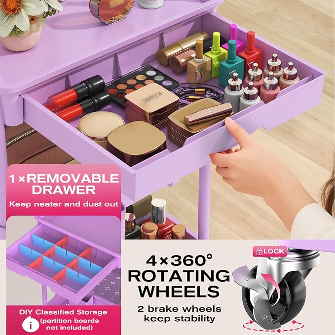 Goovilla Rolling Makeup Organizer Cart with Removable Drawer, 4 Tier Purple | Stable Floor Skincare Storage Cart for Vanity, Cosmetic Display, Nail Polish, Perfume, Hair Stuff, Beauty, Bathroom(Plastic)