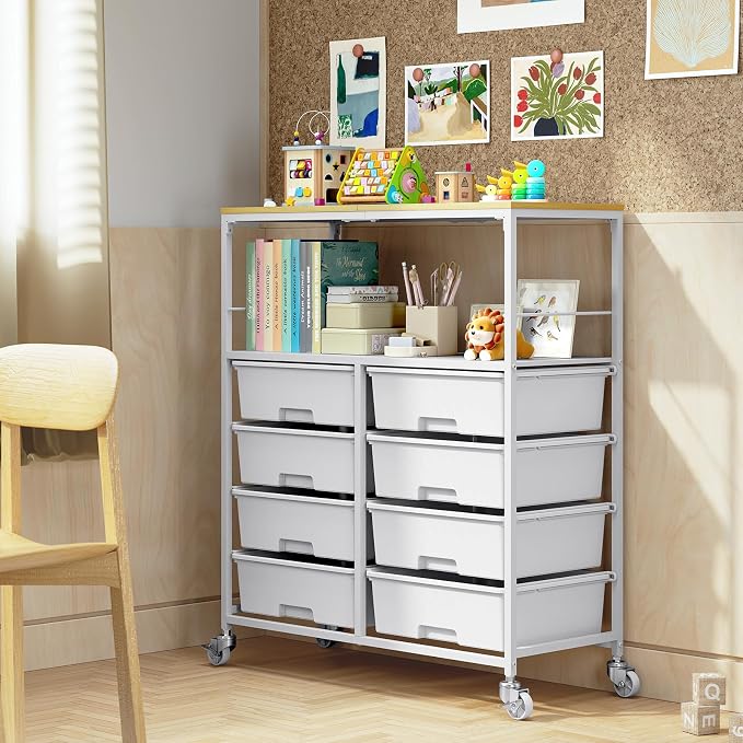 Rolling Storage Cart with 8 Large Drawers, Wooden Tabletop | Open Storage Shelves, Mobile Craft Organizer with Lockable Wheels for Home, Classroom, Office Supplies & Art Studio,White