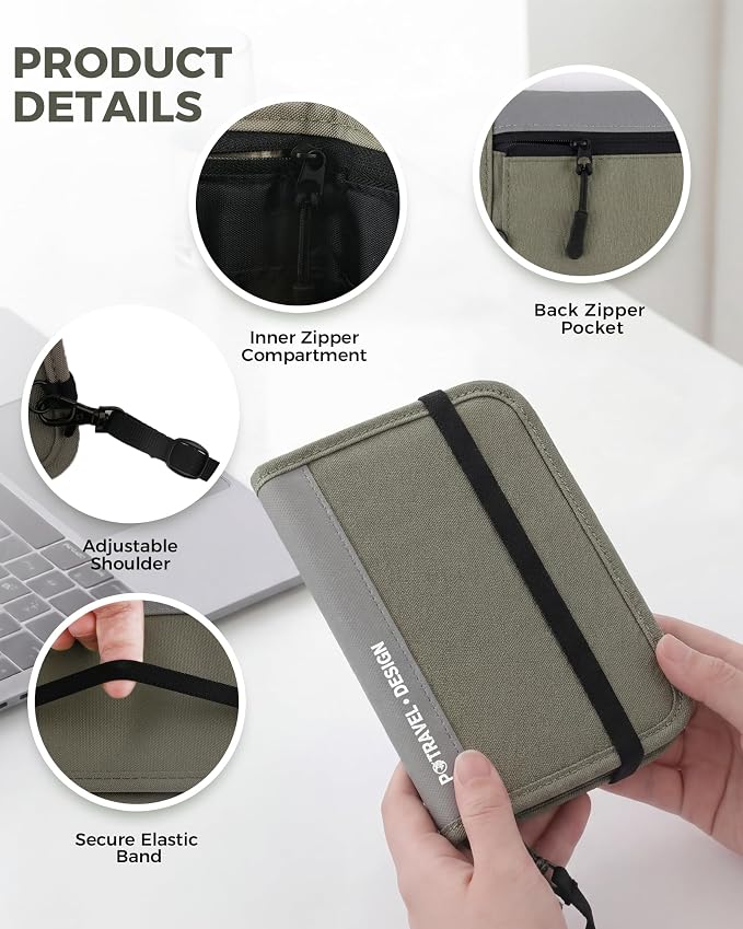 P.travel Passport Holder for Travel, RFID Blocking Passport Wallet with Adjustable Shoulder Strap, Holds 3 Passports, 4 Card Slots & AirTag Slot, Lightweight Travel Essentials for Men & Women