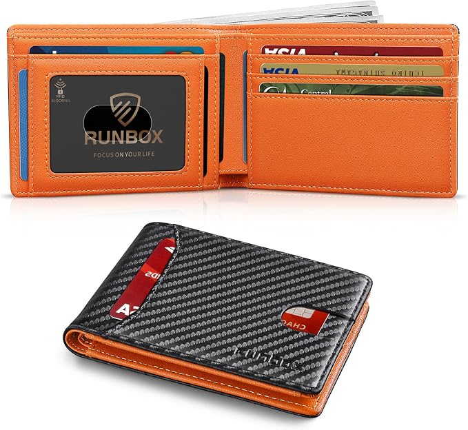 RUNBOX Wallet for Men, Slim Leather Bifold, RFID Blocking Card Holder | Minimalist Front Pocket Design, Credit Card Organizer, Holds 11 Cards, Large Capacity, Thin Profile, Birthday Gifts for Men