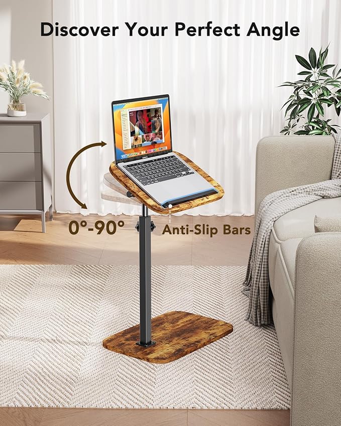 HUANUO TV Tray with Height Adjustment, 360° Swivel, 90° Tilt, Rustic Brown | 19" - 31.5" Height Range, Dual Knobs for Stability, Anti-slip bar, Foldable, for Eating & Working Beside Sofa, Bed
