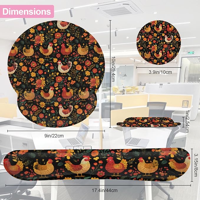 Chicken Rooster Hen Flower Meadow Mouse Pad with Wrist Rest Set,3-in-1 Wrist Support Mousepad Set,Gaming Mat Pad with Anti-Skid Base,Ergonomic Memory Foam Mouse Pad Set for Women,Office,Typing,Gaming