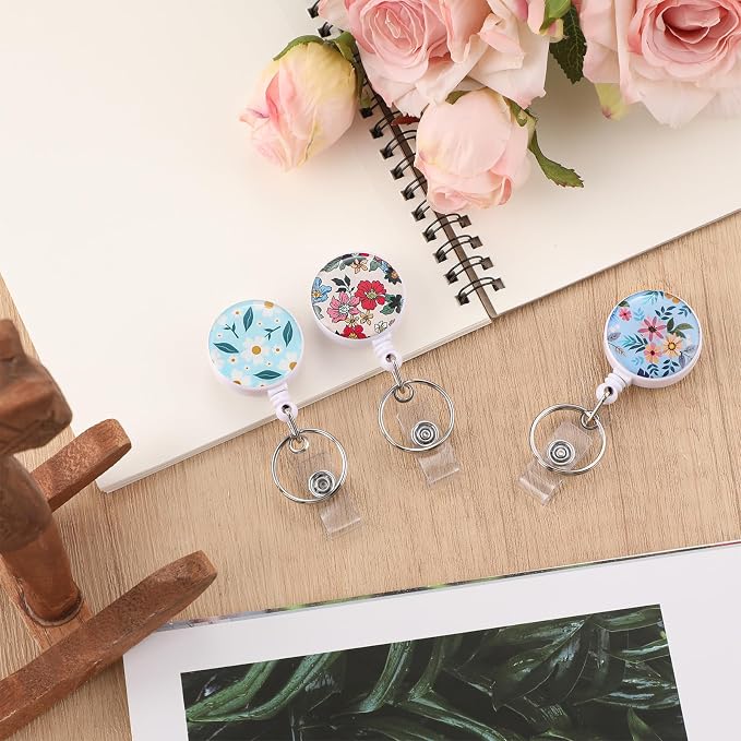 BESARME 3 Pack Badge Reels Retractable Badge Clip with Key Ring Retractable Badge Holders for Office Worker Teacher Nurse Student（Blue Flower）