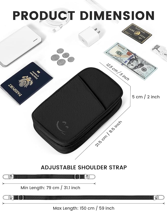 Travelkin Passport Holder For Travel Family, RFID Blocking Passport Wallet | 2-in-1 Travel Organizer, Women Men, Travel document holder, Credit Cards, Cash, Electronic Essentials, Shoulder carry