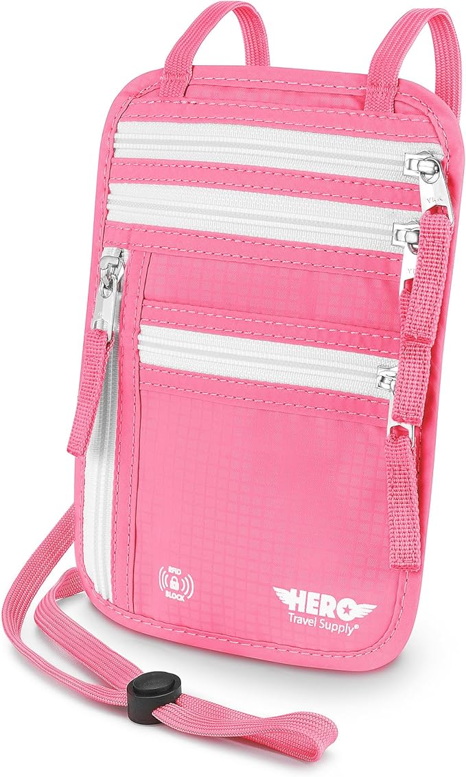 HERO Neck Wallet - RFID Blocking Passport Holder, Easy to Conceal Travel Pouch (Hot Pink)