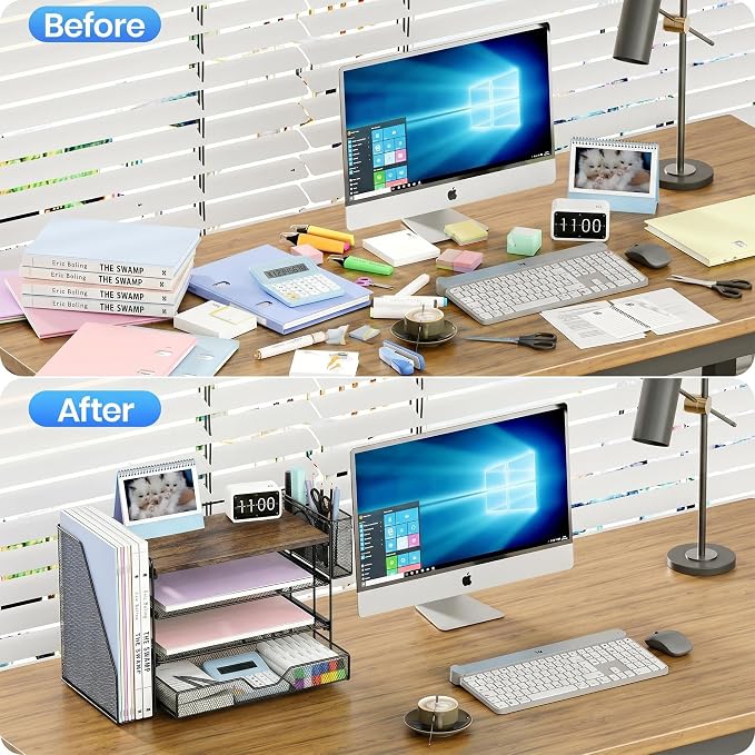 Desk Organizers and Accessories, 4-Tier Desktop File Organizer with Drawer and Pen Holders, Office Desk Accessories Workspace Organizers for Office Supplies (Brown)