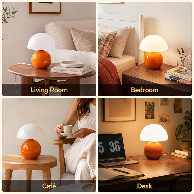 Mushroom Lamp Table Lamp for Bedroom-Small Desk Table Lamps,Orange | 8.7" Mid Century Modern Table Lamps for Living Room Bedroom Decor,Cute Ceramic Lamps for Mushroom Home Room Decor,Glass Shade