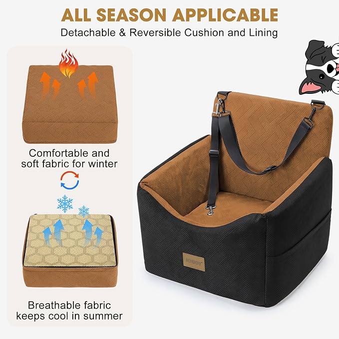 JOEJOY Dog Car Seats for Small Medium Dogs Under 35lbs, Dog Booster Seat with Detachable Washable Cover and Cushion, Memory Foam Pet Car Seat with Safety Belt and Storage Pockets (Brown)