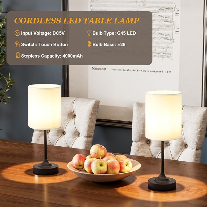 Touch Control Cordlss Table Lamp, USB-C Rechargeable Lamp with Stepless Dimming, 4000mAh Battery Operated Bedside Lamp for Bedroom, Living Room, Night Light & Emergency Lighting, Black, 2 Pack