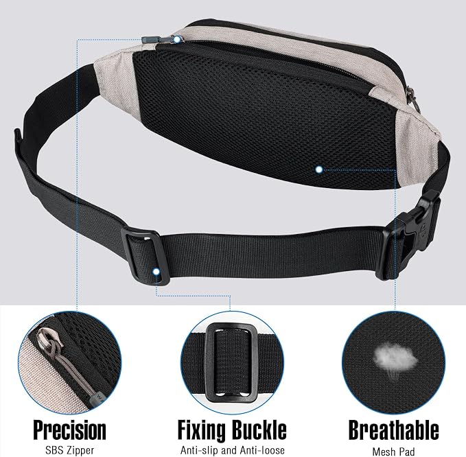WATERFLY Small Fanny Pack Crossbody Lightweight Waist Bag for Woman Man | Adjustable extender strap, Slim compact, Water-resistant durable material, Breathable back pad, Multi-scene for travel, daily