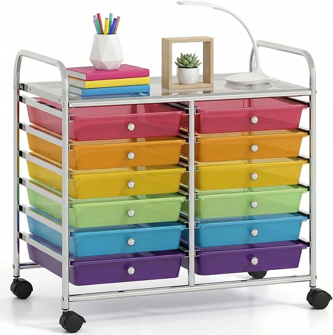COSTWAY 12-Drawer Rolling Storage Cart, Utility Storage Organizer Cart | For Tools, Scrapbook, Paper, Craft, Multipurpose Art Supply Organizer on Wheels for Home Office School, Teacher, Rainbow