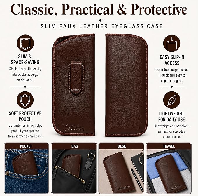 Calabria Slim Faux Leather Eyeglass Case Soft Slip-In Design [Brown - 100 Pack] | Compact Protective Pouch | Soft Case for Glasses | Lightweight Sunglass Storage