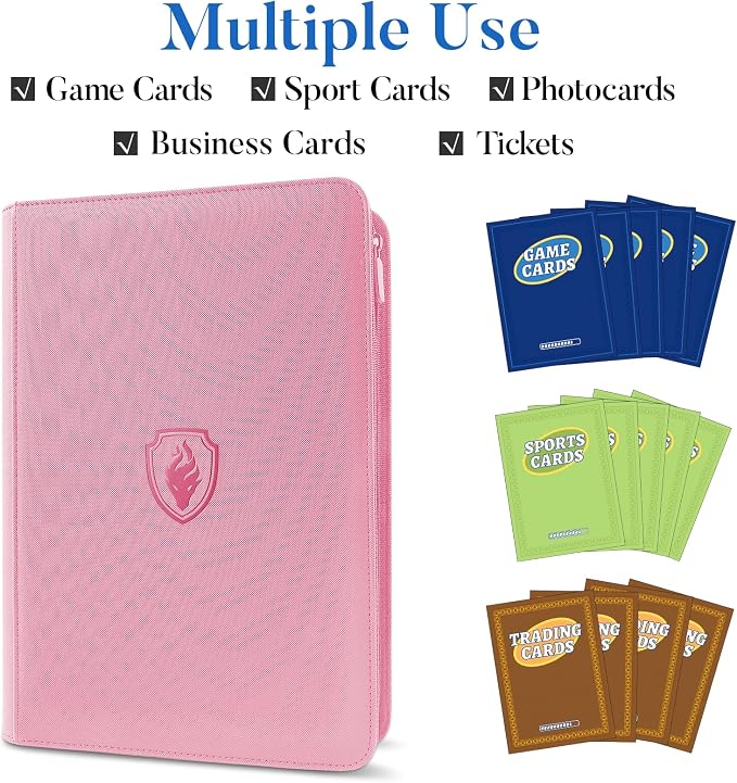 Premium Zip Card Binder, Fabmaker 9 Pocket Trading Card Binder, PU Cover Zipper Card Collection Album, Sturdy 360 Side-Loading Card Folder Holder for Game & Sports Cards, Pink