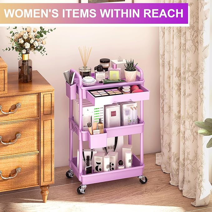 Goovilla 3 Tier Rolling Utility Cart Organizer with Removable Drawer,Purple | Stable and Sturdy Rolling Storage Carts with 2 Lockable Wheels for Bathroom, Kitchen, Snack, Craft, Makeup, Baby Essentials