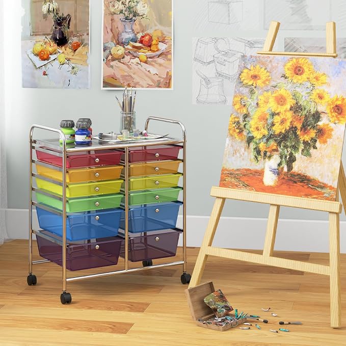 COSTWAY 12-Drawer Rolling Storage Cart, Moveable Art Craft Organizer | Lockable Wheels, Metal Shelf, Files Arrangement Tools Makeup Storage Cart for Office, Home, School (Rainbow)